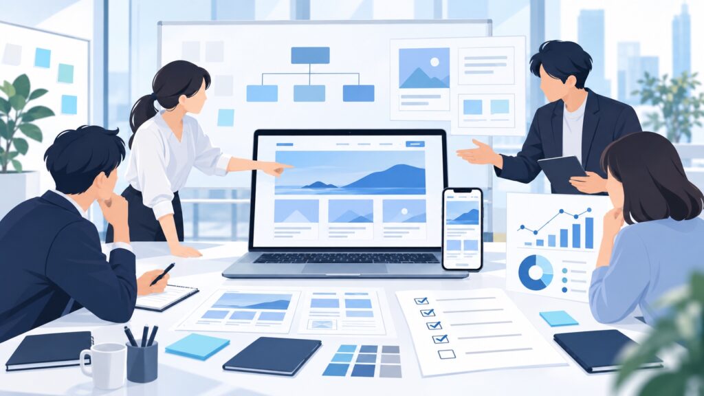 企業サイトリニューアルの要件をチームで整理するイメージ