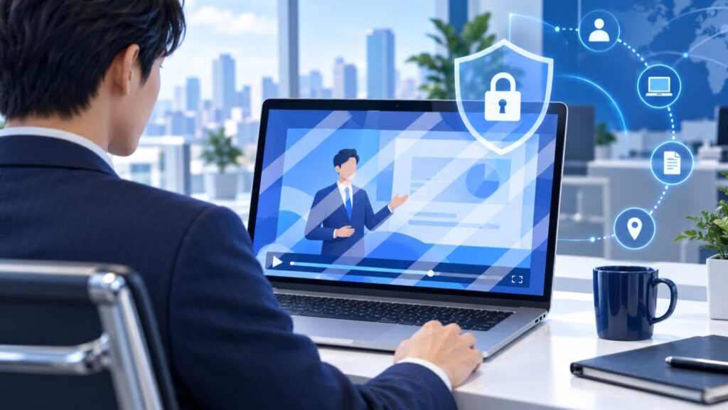 社内研修動画を視聴する社員と動的ウォーターマークによる保護のイメージ
