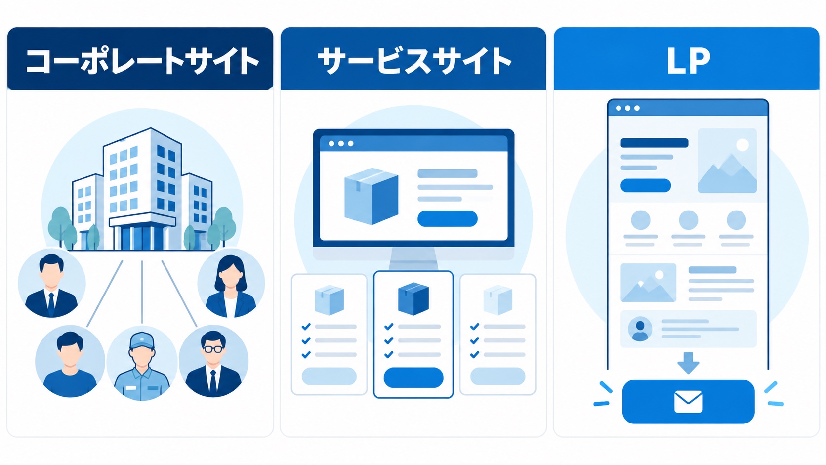 コーポレートサイト、サービスサイト、LPの役割を比較した図